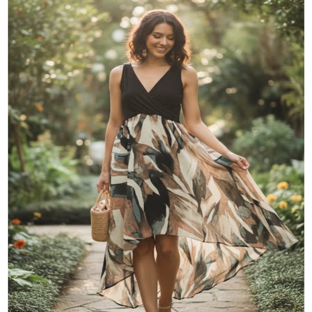 Boho High-Low Maxi Dress - Abstract Print V-Neck Sleeveless - Size M